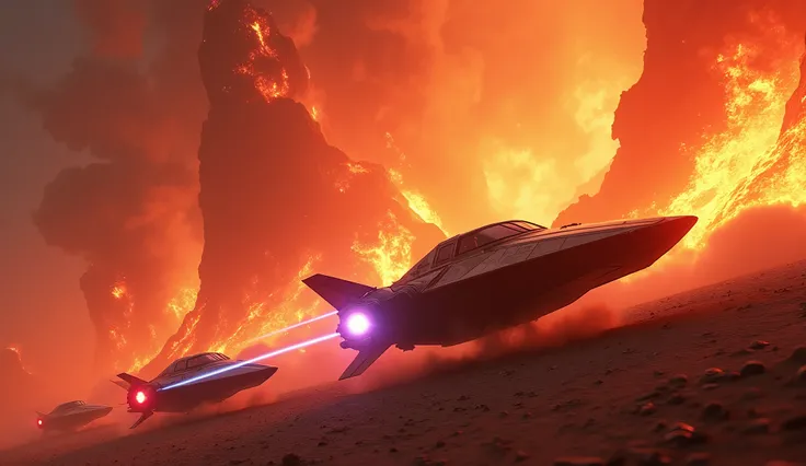 Star Wars pod race scene with vibrant colors, intense action, volcanic eruptions in the background, futuristic vehicles racing, dynamic lighting, epic atmosphere, cinematic composition, high detail, science fiction, adventure