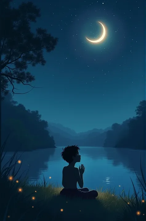 Dhruva sits on the soft grass by the calm riverbank under a starlit sky. The moonlight reflects on the water. Fireflies glow faintly in the dark.
Emotions: Dhruva is filled with fear and sorrow. He looks up at the stars with tears in his eyes, his hands fo...