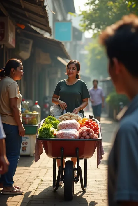  a woman is buying some groceries ,  in front of him looks a wheelbarrow filled with vegetables and meat in plastic wrap, strategically placed ,  a person as a blur vendor in the foreground , Bandung city neighborhood with a sunny morning atmosphere