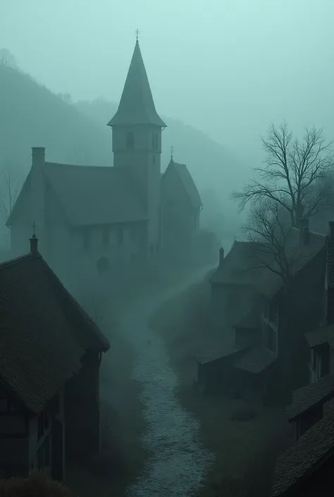  Abandoned medieval European village at night, with a lot of fog and a very macabre view from above