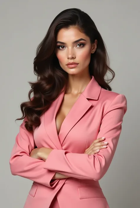 human version, Woman, Beautiful, white skin, serious, curly, long brown hair, brown eyes, dressed in a pink suit, standing with arms crossed