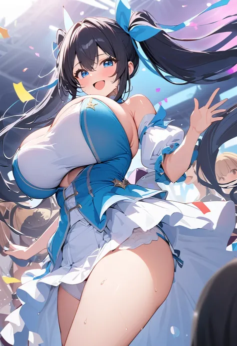 8k, 4k, best quality, masterpiece, One girl, Chomiku Plus Style, blue eyes,  smile, blue null, Wet,  Long Hair, Twin tails, Black Hair, (Huge breasts:1.2), idol costume,Shoulder-exposing sleeves, open-chested, micro mini skirt, upskirt,white pantie, blue r...