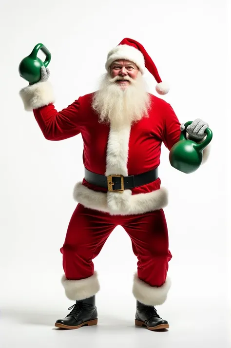 Santa Claus exercising with green kettlebell weights with white background 