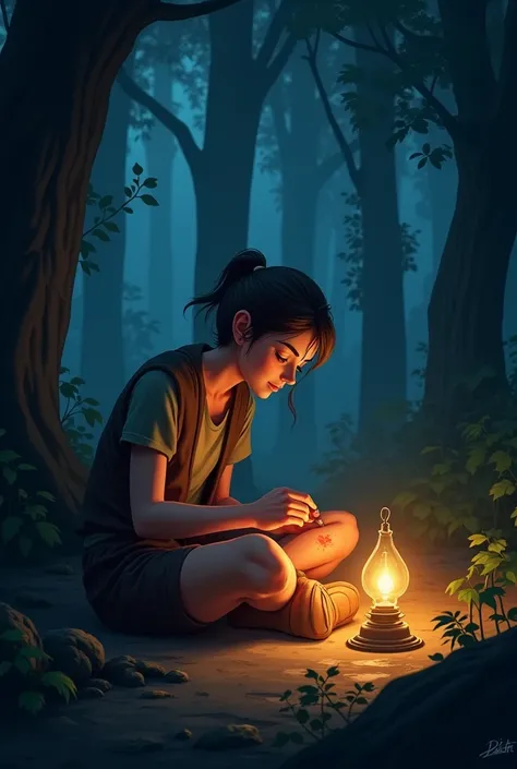  treating the wound on the knee with a dim lamp lighting it. on the forest animated