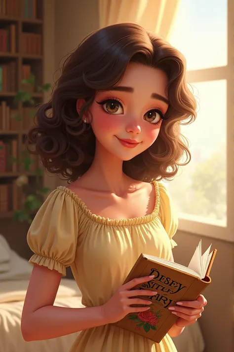 Create a light brown girl with curly hair and a book in her hand that says Disney style diary with big boobs 