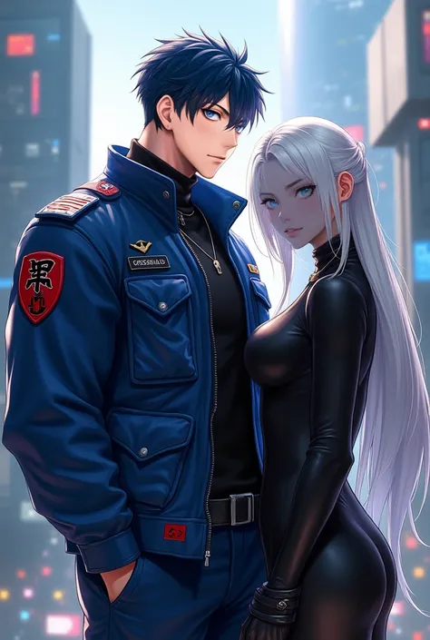 male, dark blue hair, bright blue eyes, muscular, wearing modern blue combat jacket with red accents. Behind him a woman who is only showing her back, she is a little shorter than him, she has flowing long white hair, wearing black modern clothes, city bac...