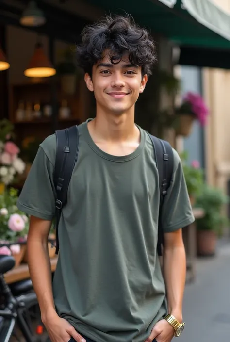 A 19-year-old boy with black hair, he is wearing a T-shirt, he is hot and fit, he is standing outside a flower shop, his right hand is resting on a bicycle by his right side, he is wearing a gold wristwatch, he is very handsome, he looks like a young johnn...