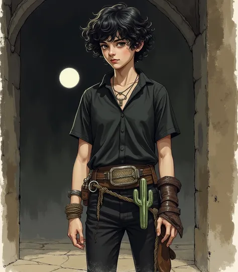  Medieval drawing of a 16-year-old teenager, black curly hair,  white pele,  wearing a black shirt and black pants , brown shoe,  cactus-shaped buckle at the waist .  Skinner knives hanging around the waist , rope tied around the waist, In a dark medieval ...