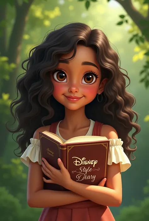 Create a light brown girl with curly hair and a book in her hand that says Disney style diary with big breasts and a green background 