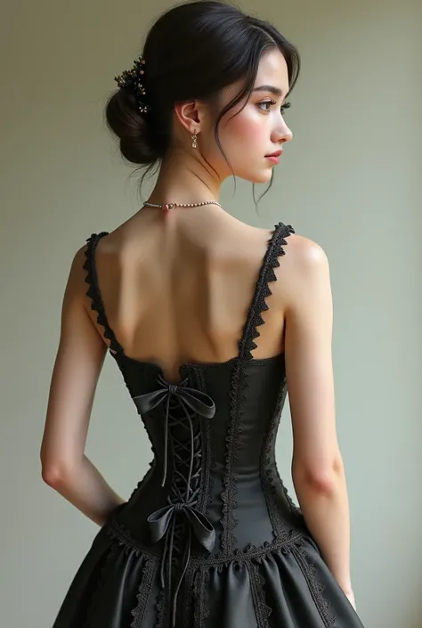 young woman , Extremely tight laced corset dress,  bow at the back , view back