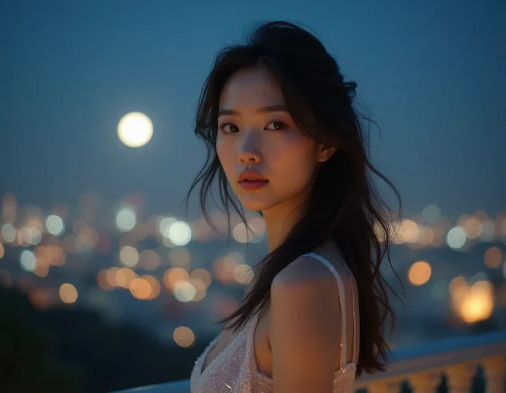 Portrait Realistic Photography A beautiful Asian woman standing on a moonlit terrace, wearing a sheer silver nightdress that sparkles subtly under the light. The cityscape in the background glows with soft, twinkling lights, her hair gently tousled by the ...