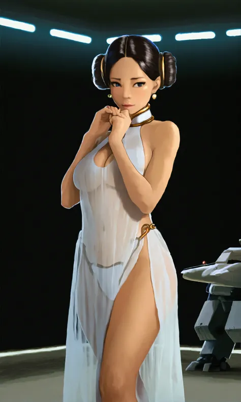 a beautiful woman with Hitomi Tanakas face dressed as Princess Leia in a translucent white sheer gown, revealing her body, with an iconic side bun hairdo, receiving hard anal sex from huge dick stormtroopers on a space station, highly detailed, photorealis...