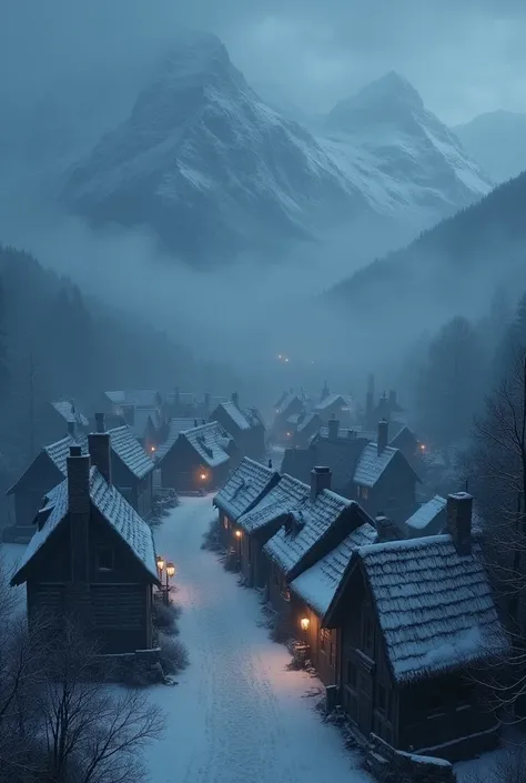 Medieval European village at night ,  with lots of fog and lots of snow seen from above