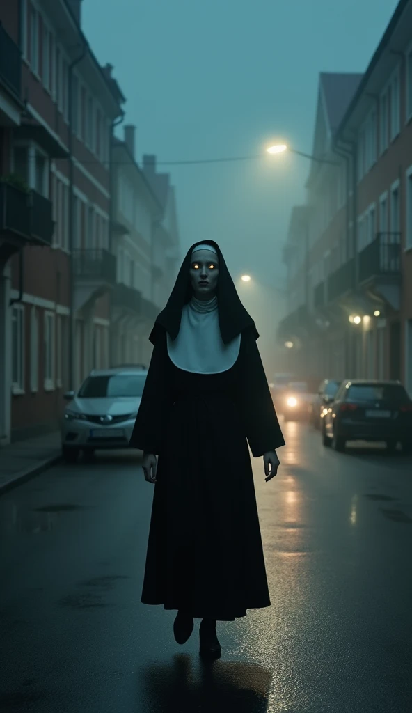 Create an image of a strange woman in a nun’s habit walking down an empty, foggy street after midnight. Her pale, gaunt face is partially obscured by a black veil, but her glowing eyes pierce the darkness. As she moves, you can almost hear her singing a so...