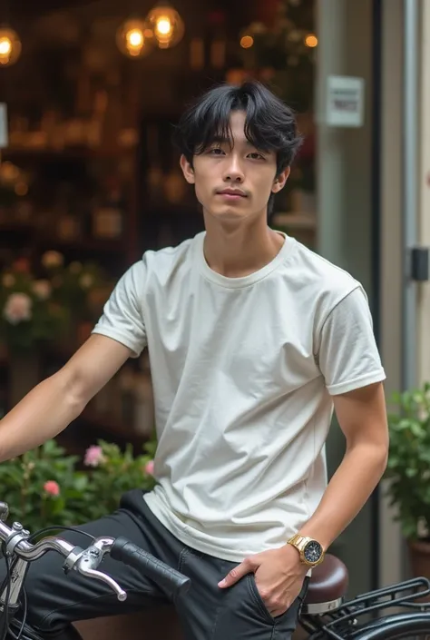 A 19-year-old boy with black hair, he is wearing a T-shirt, he is hot and fit, he is standing outside a flower shop, his right hand is resting on a bicycle by his right side, he is wearing a gold wristwatch, he is very handsome, he looks like a young johnn...