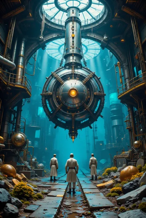 secret steampunk factory on the blue, transparent ocean floor, exposed machine parts, silver plated, copper plated, and gold bars, workers, steampunk loose baggy factory uniforms, effective effects, bold and dynamic, contrasts of light and shadow, 2.5D, ar...