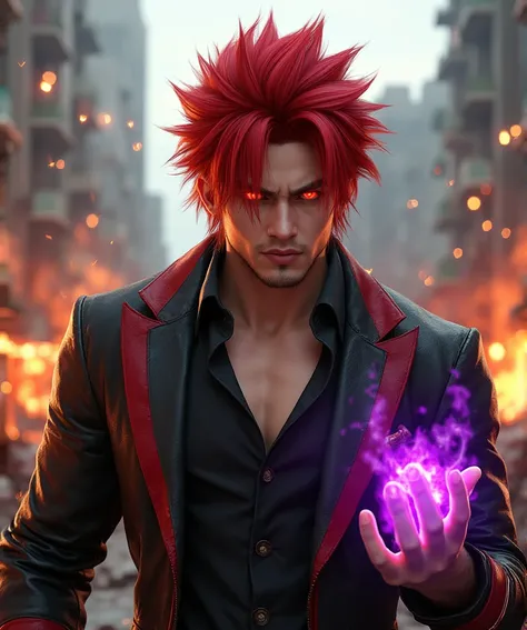 A highly realistic image of a 38-year-old man resembling Iori Yagami from King of Fighters, reimagined in a hyper-realistic style, captured from a medium shot showing his upper body. His face is intensely detailed, with sharp features, pale skin, and fiery...