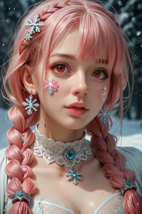  ultra detailed ,2d, realistic face,masterpiece,  best quality , highres, aaaqua, collections,  pierce hair, (hot pink hair,  hair braids),(intense red eyes), self-adhesive nipple stickers in the shape of a snowflake..