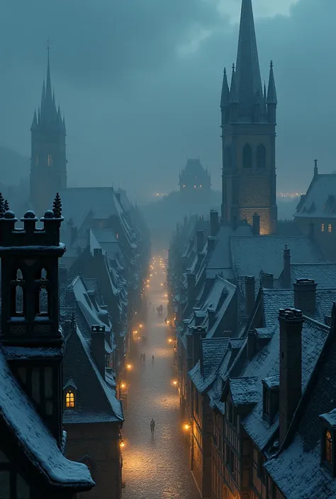 European medieval city at night,  with lots of fog and lots of snow seen from above