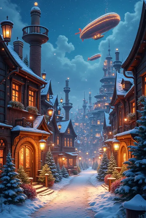 A vibrant Steampunk world illuminated for Christmas, featuring glowing LED lights and intricate steam-powered machinery. The scene is filled with festive decorations, gears, and pipes, creating a magical atmosphere. Snow gently falls, adding to the holiday...