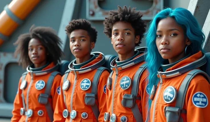  An ultra realistic representation of four teenagers dressed in astronaut clothes , lined up in a row .  The image shows a black boy ,  an obese adolescent ,  a skinny teenager , a teenager with blue hair and a teenager with indigenous features and war pai...