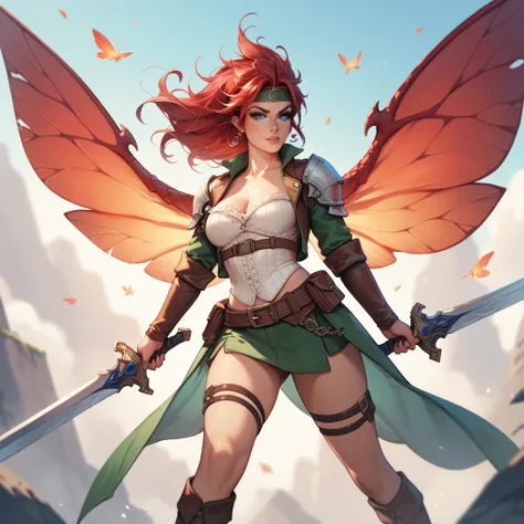 A female rogue fairy with blue eyes and red hair with wings like a dragon holds two swords