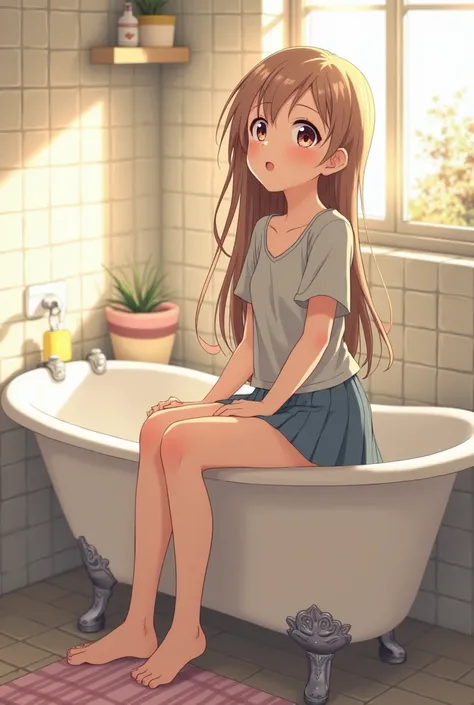 An anime girl sitting in the bathroom singing