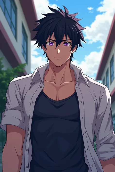 Male anime character with black hair , violet eyes,  fair skin and muscular body , student