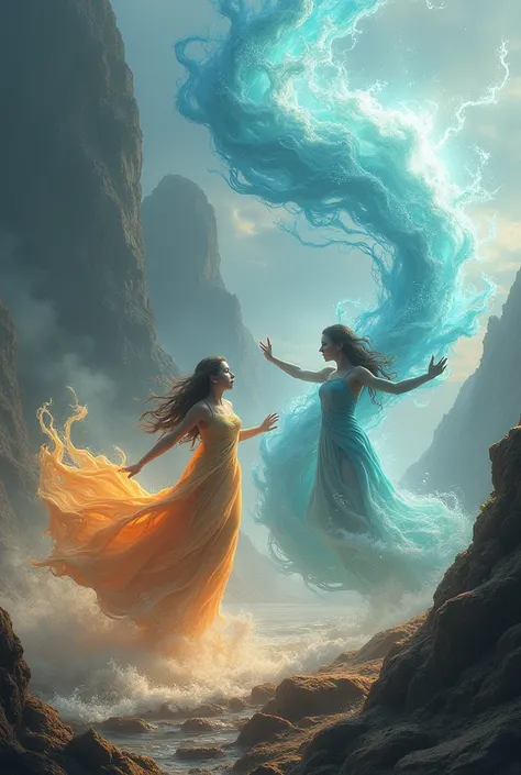 Realistic animation. Women, the battle of the two gods of wind and the god of the earth, use the power of each of the opposing sides.