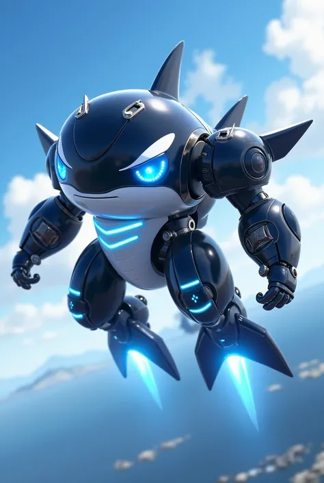 Create a flying orca-themed bipedal robot character that combines the smooth, rounded shape of an orca with futuristic mechanical elements in japanese anime-style. This character’s design is based on the iconic features of an orca, such as its sleek and cu...