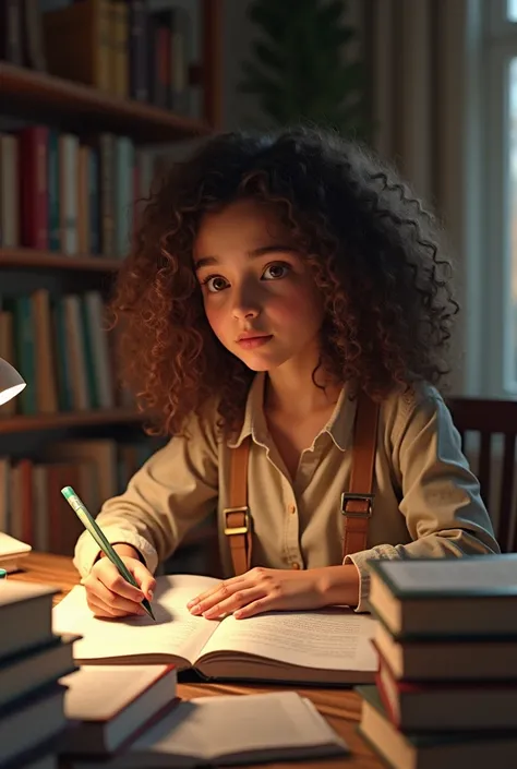 una niña con cabello chino que estudia para poder entrar a la universidad