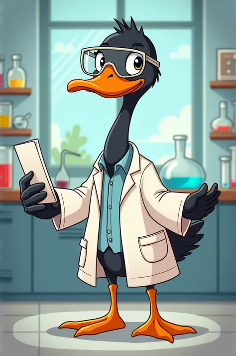 Create a cartoon of a black-necked swan dressed as a scientist 
