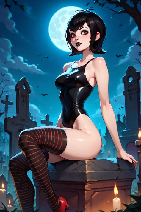 mavis( hotel transylvania),   short black hair, Black Lipstick,   Red eyes, sexy black swimsuit,   thick thighs  ,pose sexy,   sitting on a headstone  , cemetery,  full moon in the background, mavis sexy
