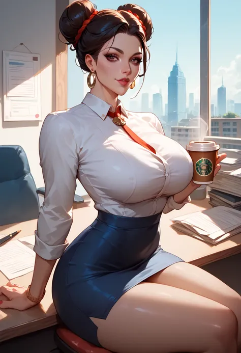 a chinese woman wearing secretary clothes. her hair is in a neat and very very big bun. drinking coffee from very big cup. sitting at desk. hands on top of boobs, looking at viewer. modern office, sexy, big boobs