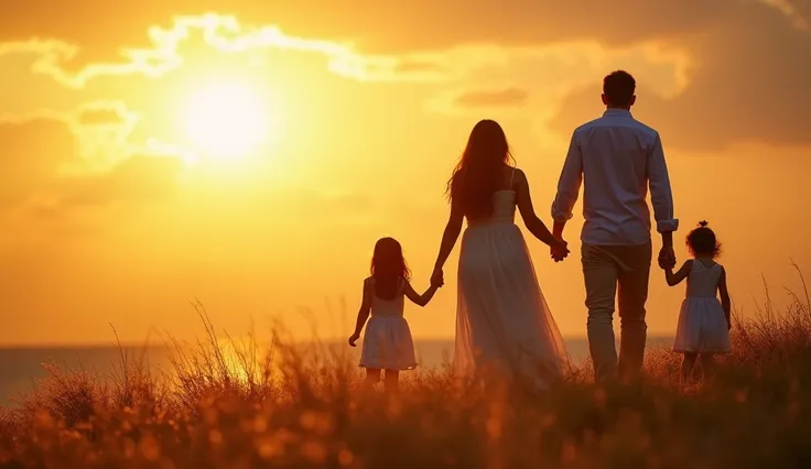 generate an image of a couple and 2 beautiful daughters ,  reunited and well dressed in the presence of the Glory of God, The setting must be paradisiacal of a sunrise and stunning nature . The family to be highlighted on the right side of the image