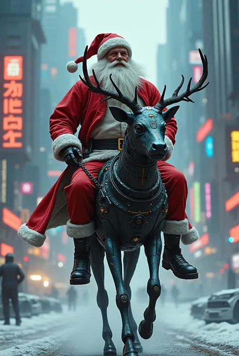 Hyper realistic, high definition cyborgue santa claus riding a robotic rudolph