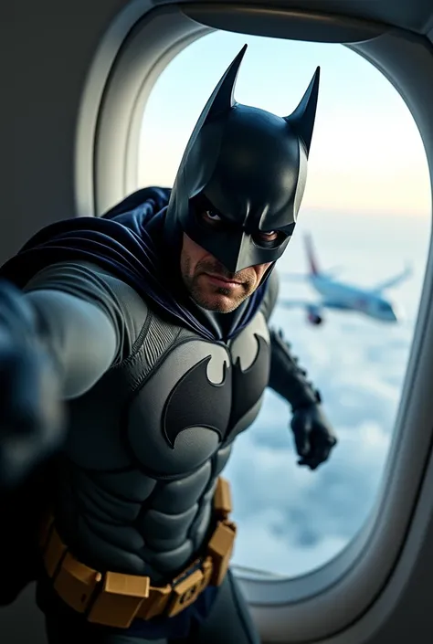 selfie photo taken by Batman flying near an airplane window. Taken with an iPhone at mgr