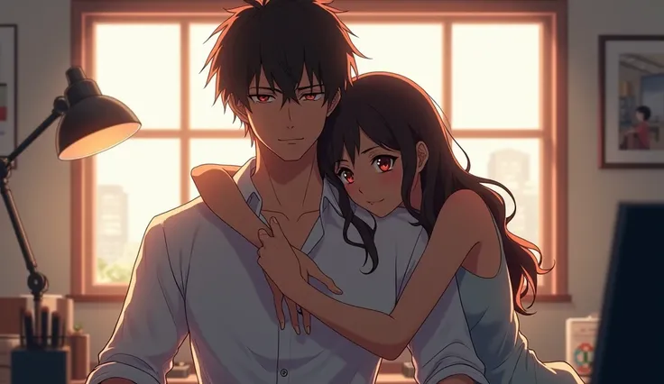 a hot girl hugs from behind a guy who is working anime style