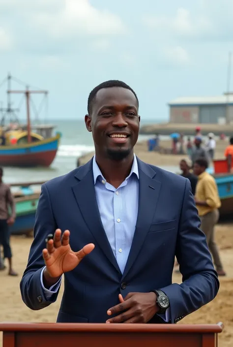  A young black politician in Haiti showing how he will create industries in the field of industrial fishing 
Fishing boats, des industries de transformation,Employees  

