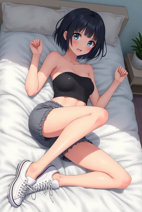 " anime girl image,  short black hair , Blue eyes, wearing black tube top and grey shorts, strapless,  shorts, Short tube top , Standing,  white sneakers , blows,  LYING ON YOUR BED ,  crossing her legs , relaxing, "