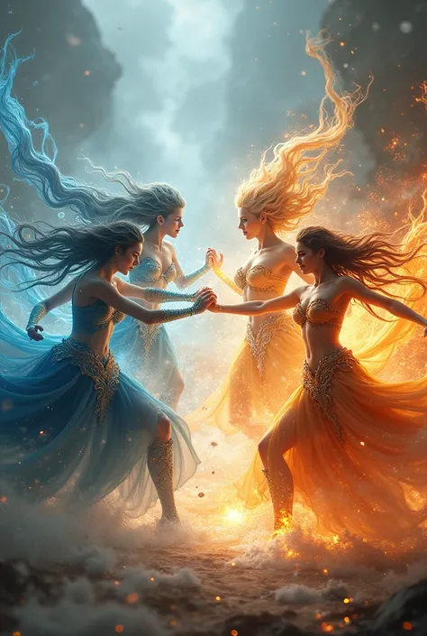 Realistic animation Women fight against each other of the 4 gods of water, the god of fire, the god of the earth, the god of wind. Use the power of each side that fights.