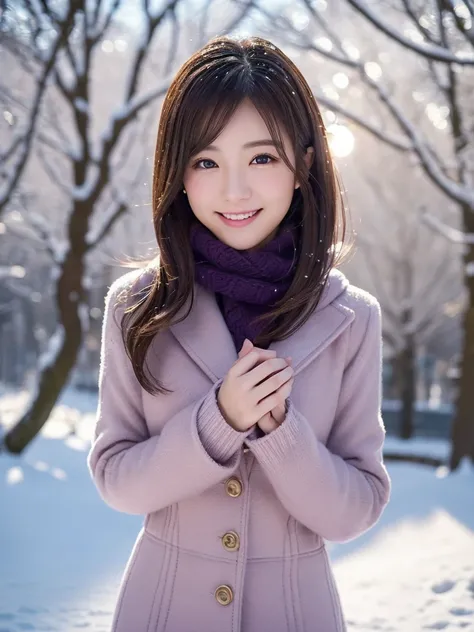 (Winter date ), ((Feminine style outfit for very cold days:1.4)), View the viewers, Japanese female university student, ( one woman:1.2),  shes so beautiful ,  pubic skin,  perfect face,  cute and symmetrical face with water up to the chest,  light brown h...