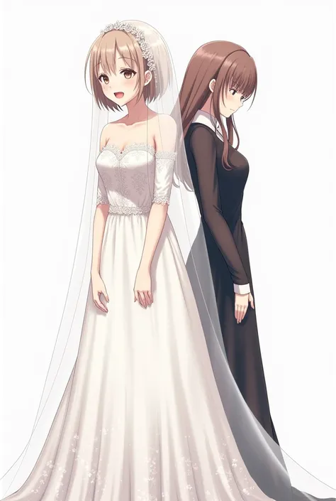 Two anime girls standing back to back.
One is wearing wedding dress, shot hair, happy, smiling, a little taller.

Another one is with long hair, sad, head down, formal dress