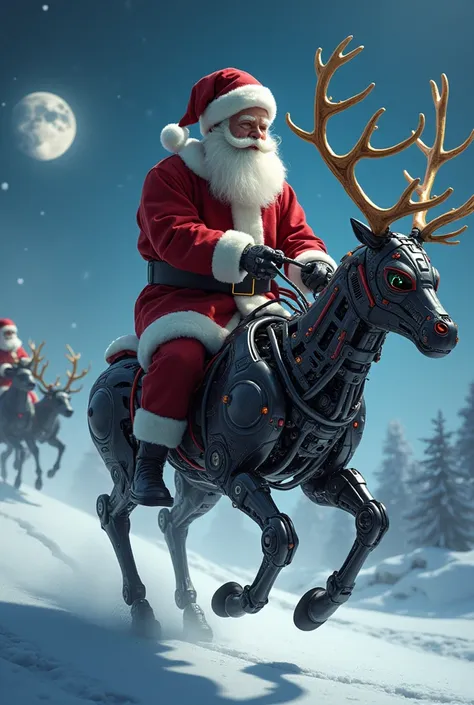 Ultra realistic image, high definition, santa claus is a cyborgue and rides a robotic rudolph