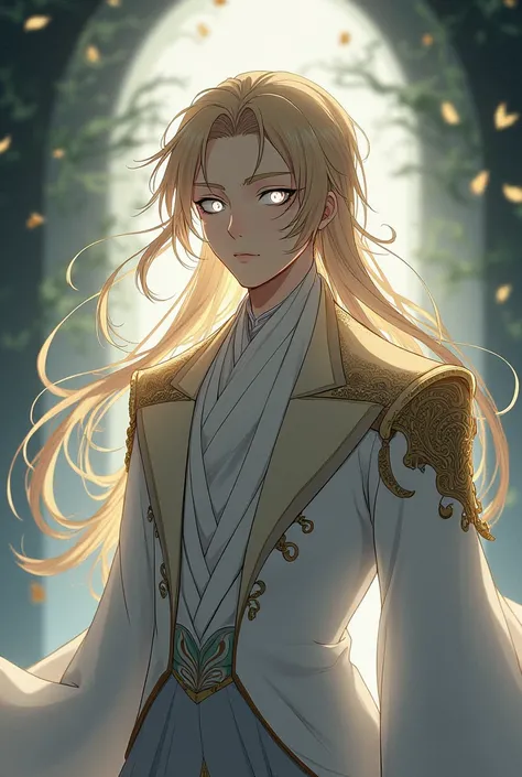 Create a man in an elegant anime outfit with white pupils and long blonde hair