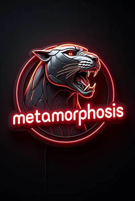  neon sign in 3D style says   "IA Metamorphosis "
Visual concept:  A logo with the central image of a wild animal  (Like a panther or lion )  that merges with the helmet of a Marvel superhero , like Iron Man. La transición del animal a la armadura de Marve...