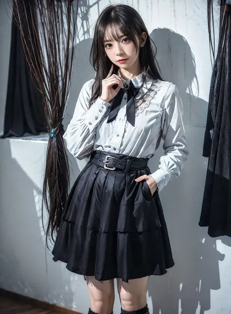 jirai kei costume,jirai kei,shirt,skirt,frilled shirt,frills,lace,Lace trim,shoulder cutout,bow,bowtie,belt,buckle,ribbon,jewelry, jirai kei attire, jirai kei, black thighhighs, high heels, 
(RAW photo, best quality), (realistic, photo-Realistic:1.3), best...