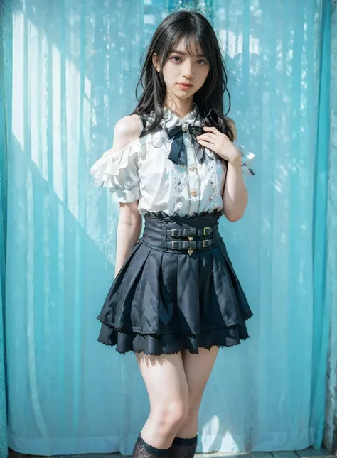 jirai kei costume,jirai kei,shirt,skirt,frilled shirt,frills,lace,Lace trim,shoulder cutout,bow,bowtie,belt,buckle,ribbon,jewelry, jirai kei attire, jirai kei, black thighhighs, high heels, 
(RAW photo, best quality), (realistic, photo-Realistic:1.3), best...