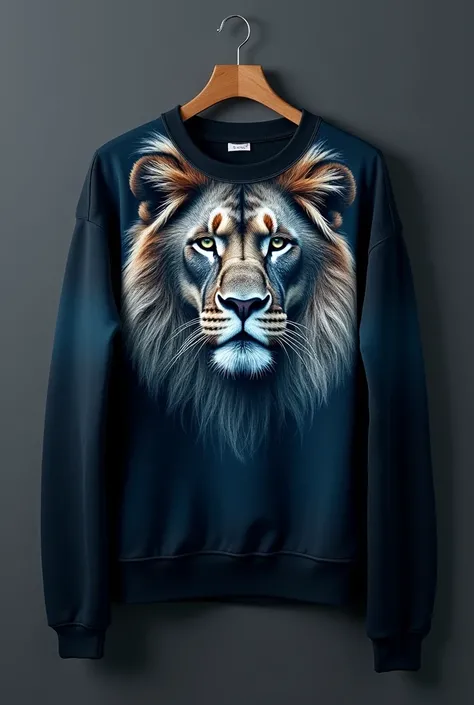 Create a black and dark blue sweatshirt that has a lion print all over the sweatshirt