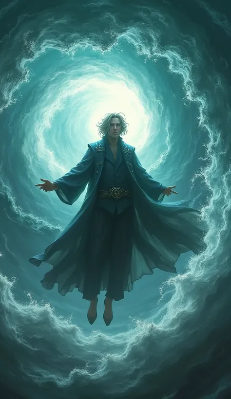 An arch magician floats in the center of a hurricane, the wind spirals around him while the magician calmly observes the camera, and his eyes shine in a light of limitless energy, the violence of the spiral of the eye of the hurricane is represented throug...